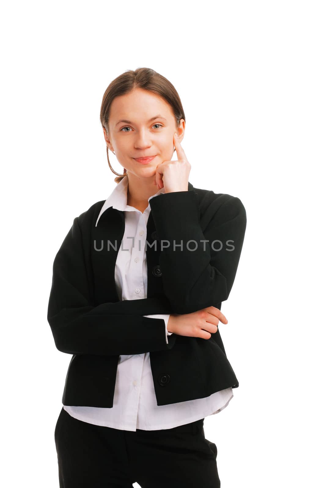 Portrait of a young caucasian business woman with hands folded on white 