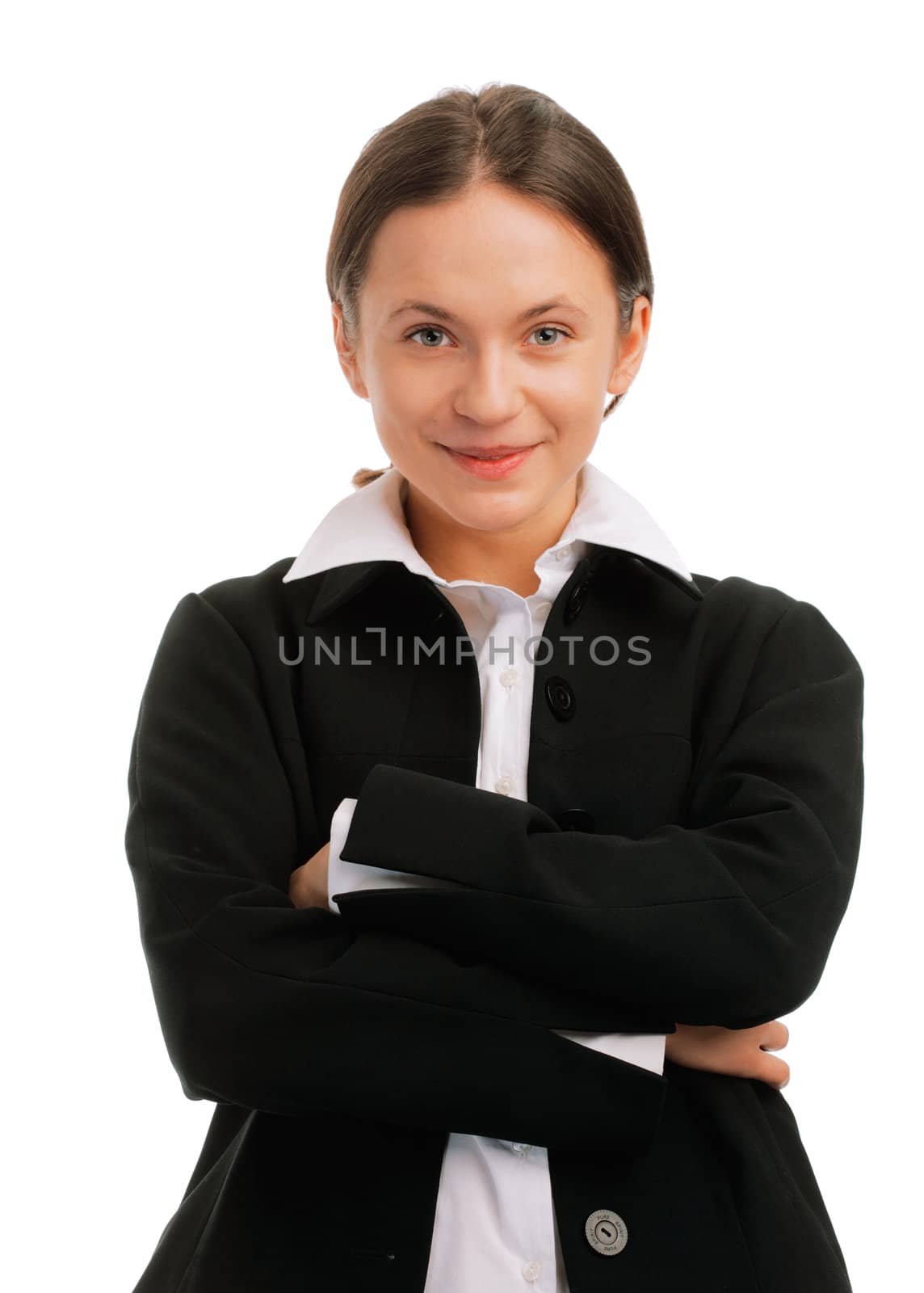 Smiling confident young Caucasian business woman with hands folded isolated over white background 