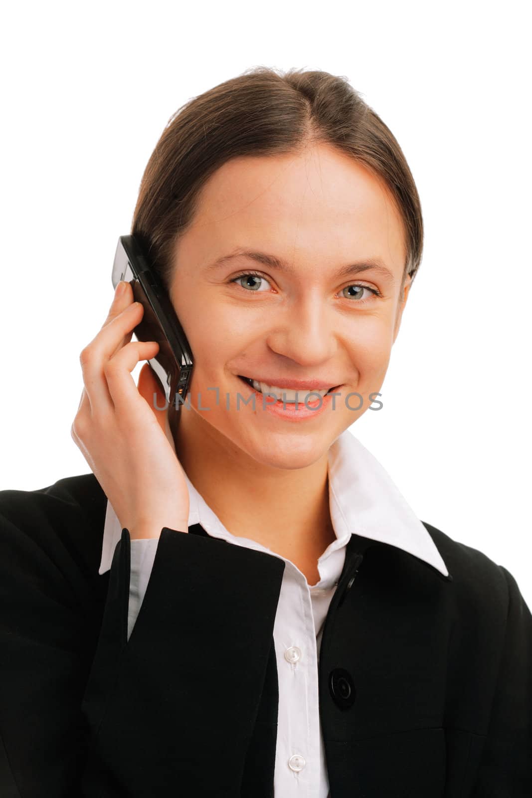 Smiling businesswoman  talking on mobile phone against white background