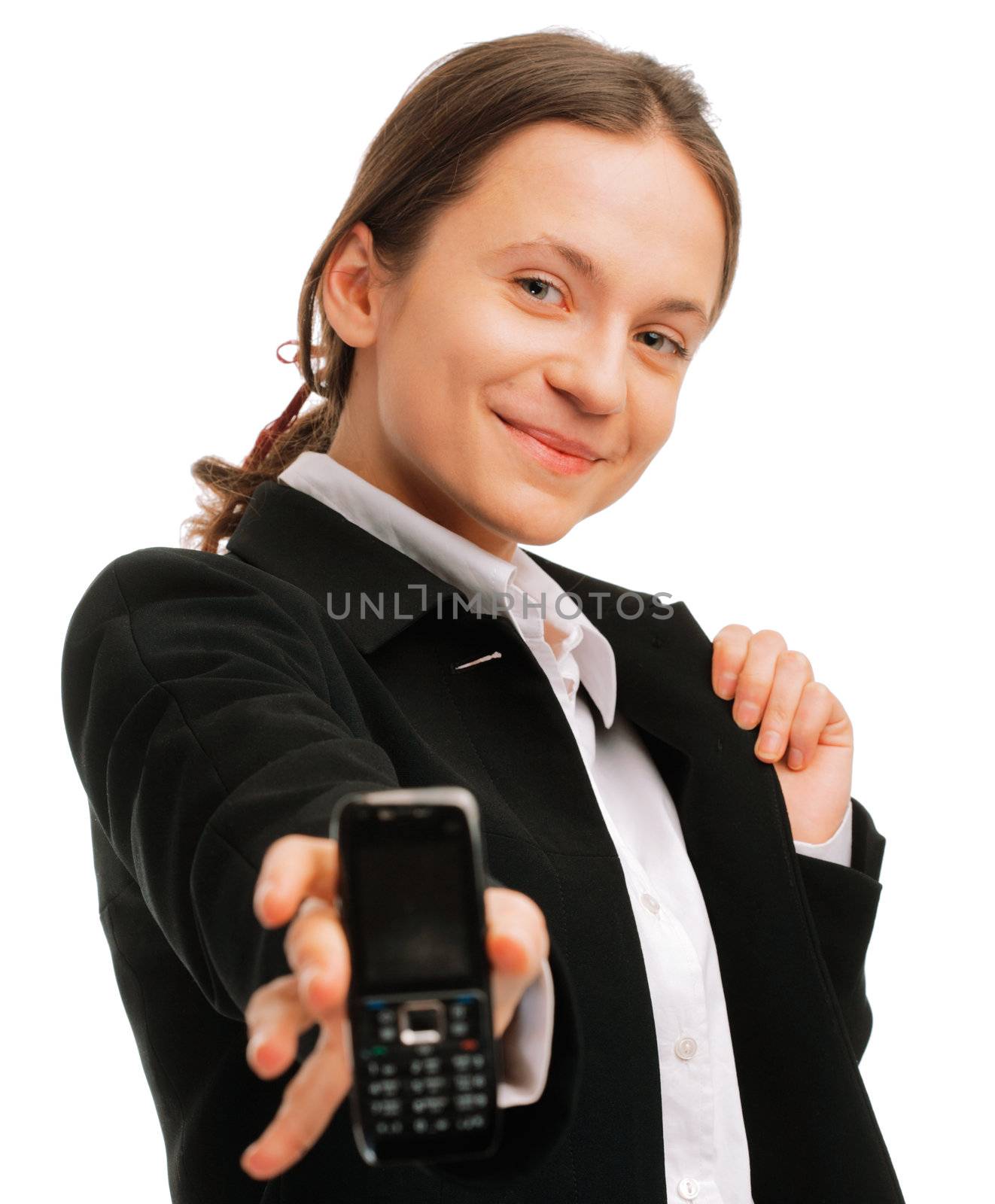 Closeup of a beautiful young business woman displaying a cellphone on white background