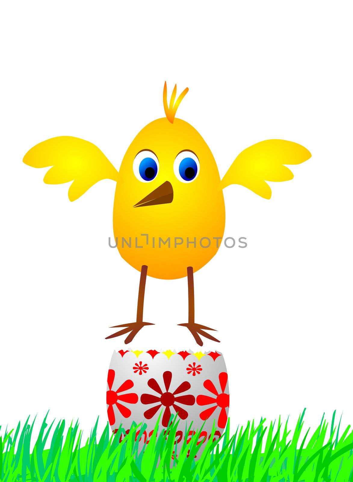 Illustration of the chick jumping from Easter egg - cartoon drawing