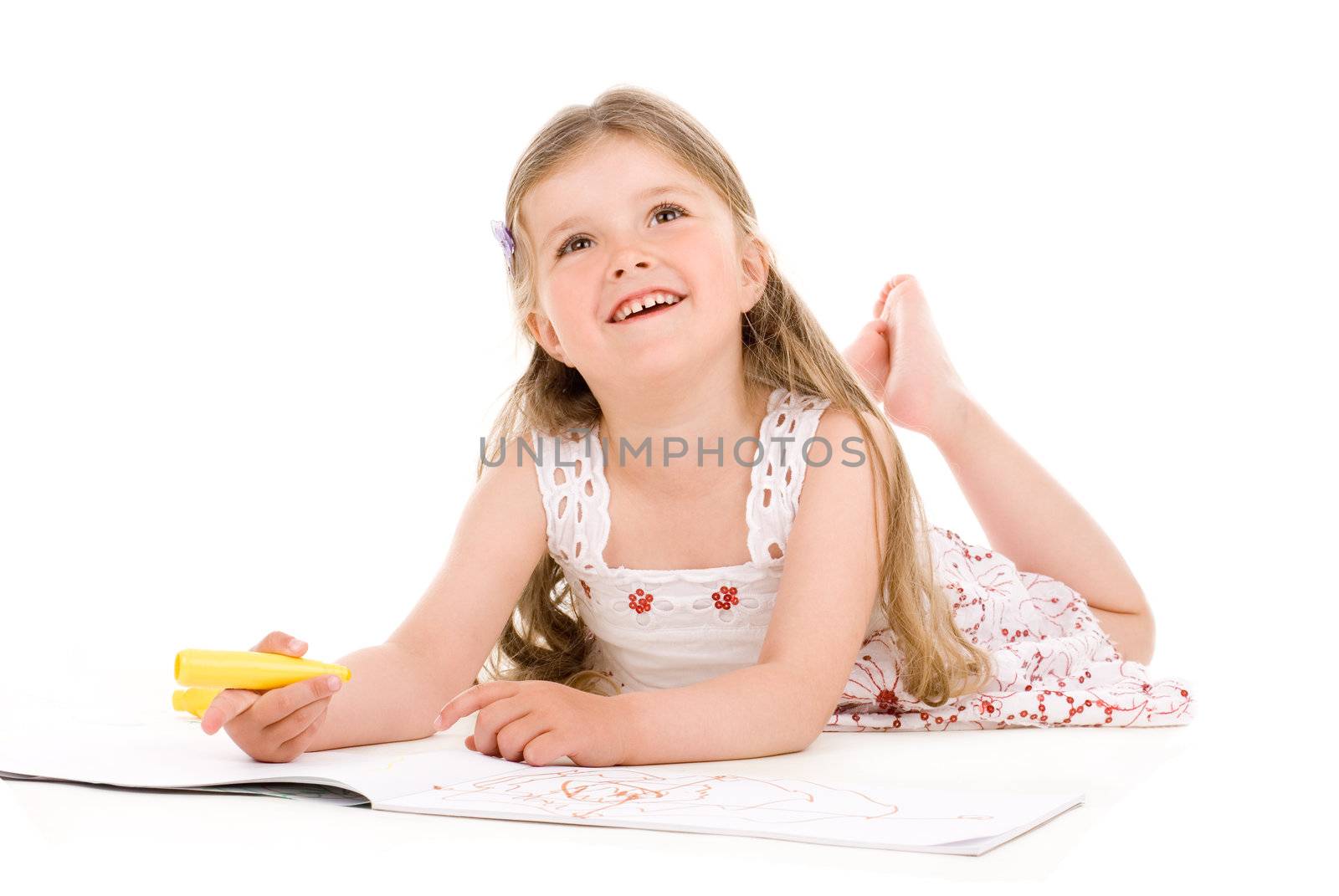 Lovely girl painting with soft-tip pen isolated
