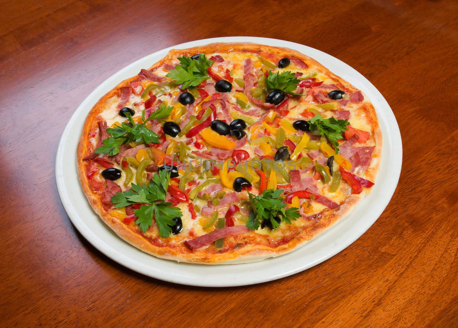 Supreme Pizza in pan.Neapolitan,Close-up