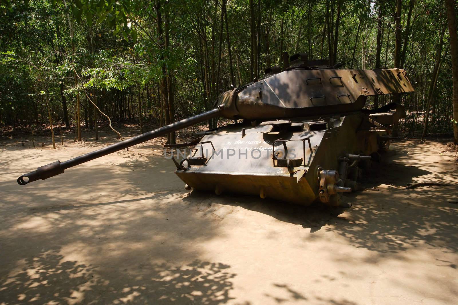 An American tank remains in the jungle near the Chu Chi tunnels in Vietnam.
