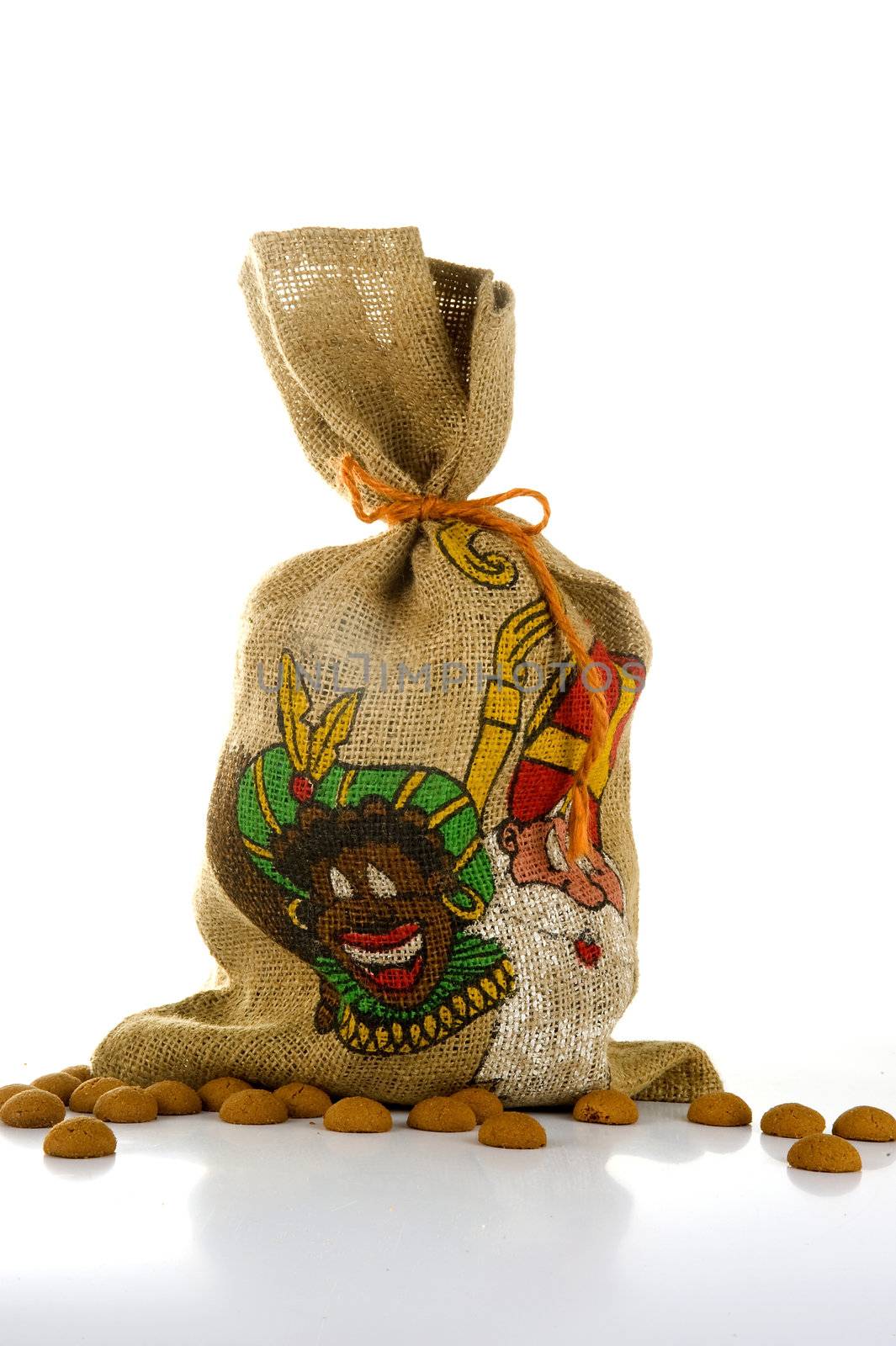 the bag with presents and gingernuts. Zwarte piet is holding this on Sinterklaas in Holland