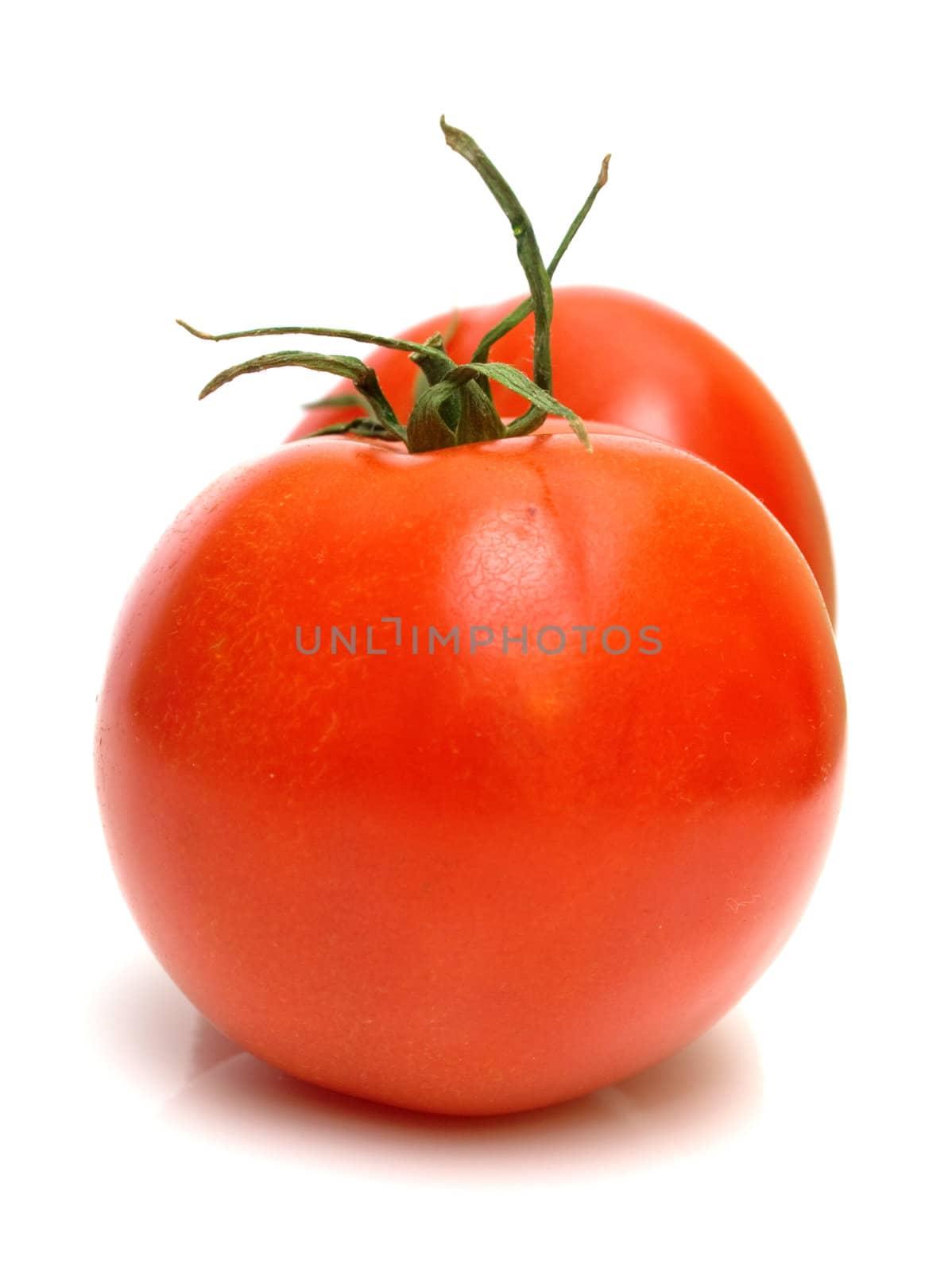 Two juicy fresh tomatoes on white. Isolation.