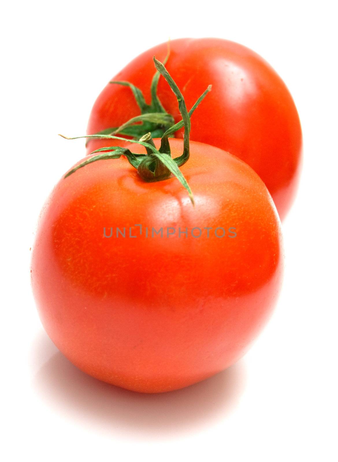 Two juicy fresh tomatoes on white. Isolation.
