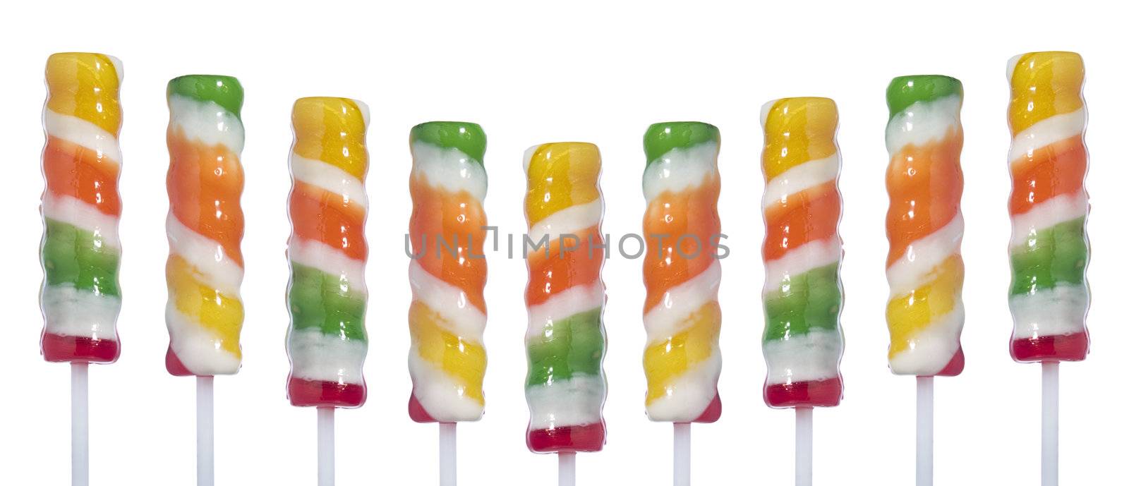 Nine lollipop sticks on a V shape isolated over white background.