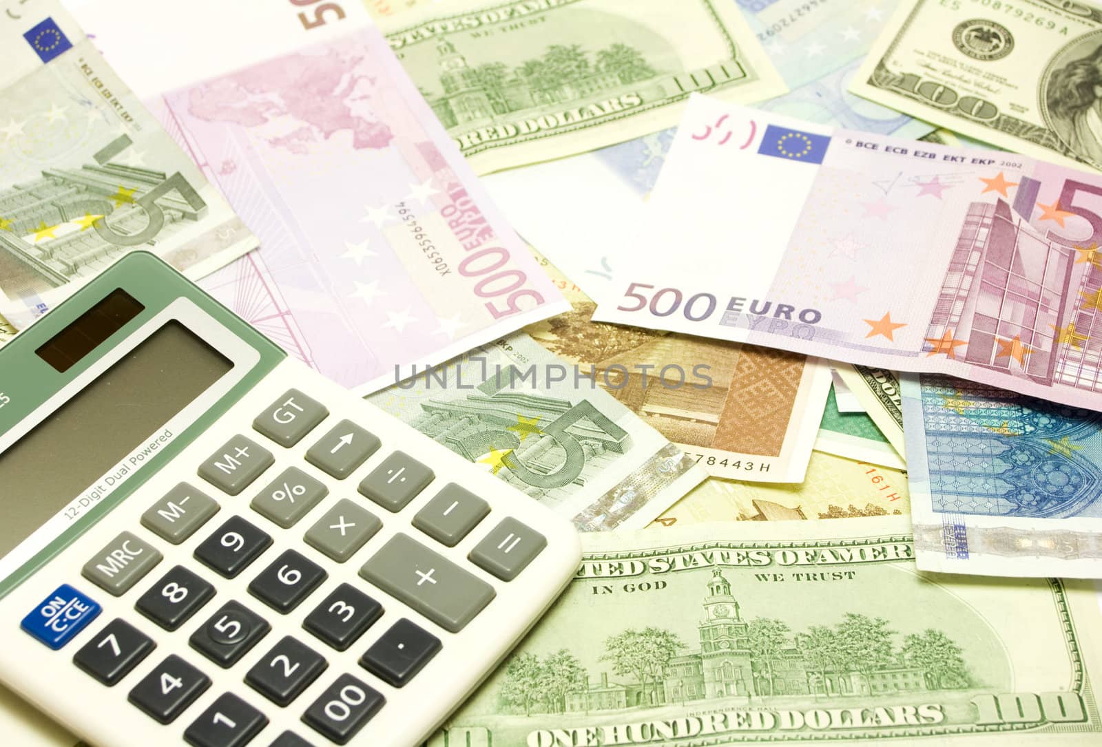 Dollar, euro, lat banknotes and calculator
