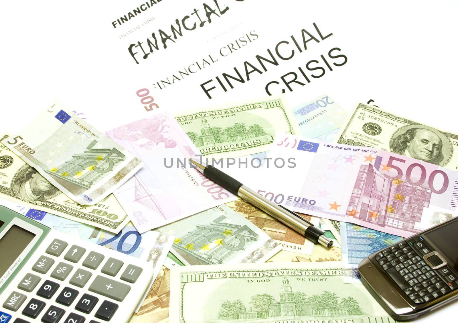 Dollar, euro, lat banknotes, calculator, pen, cellphone by ursolv