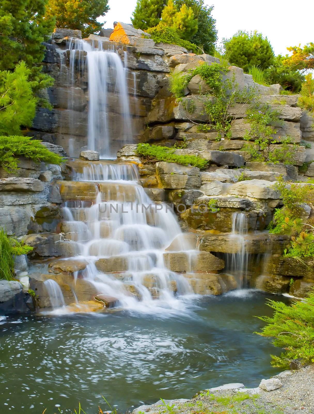 Waterfall at the botanical garden of Montreal city