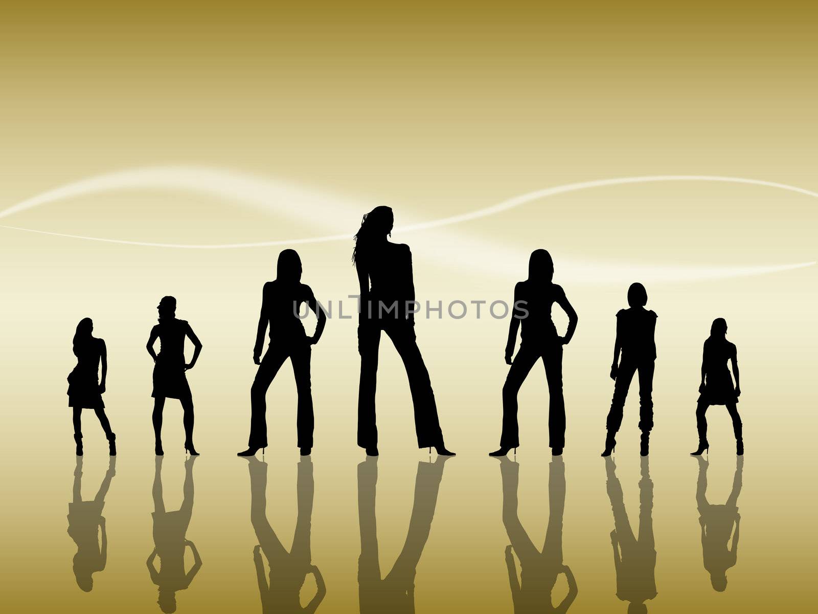silhouettes of seven sexy women reflecting on the floor