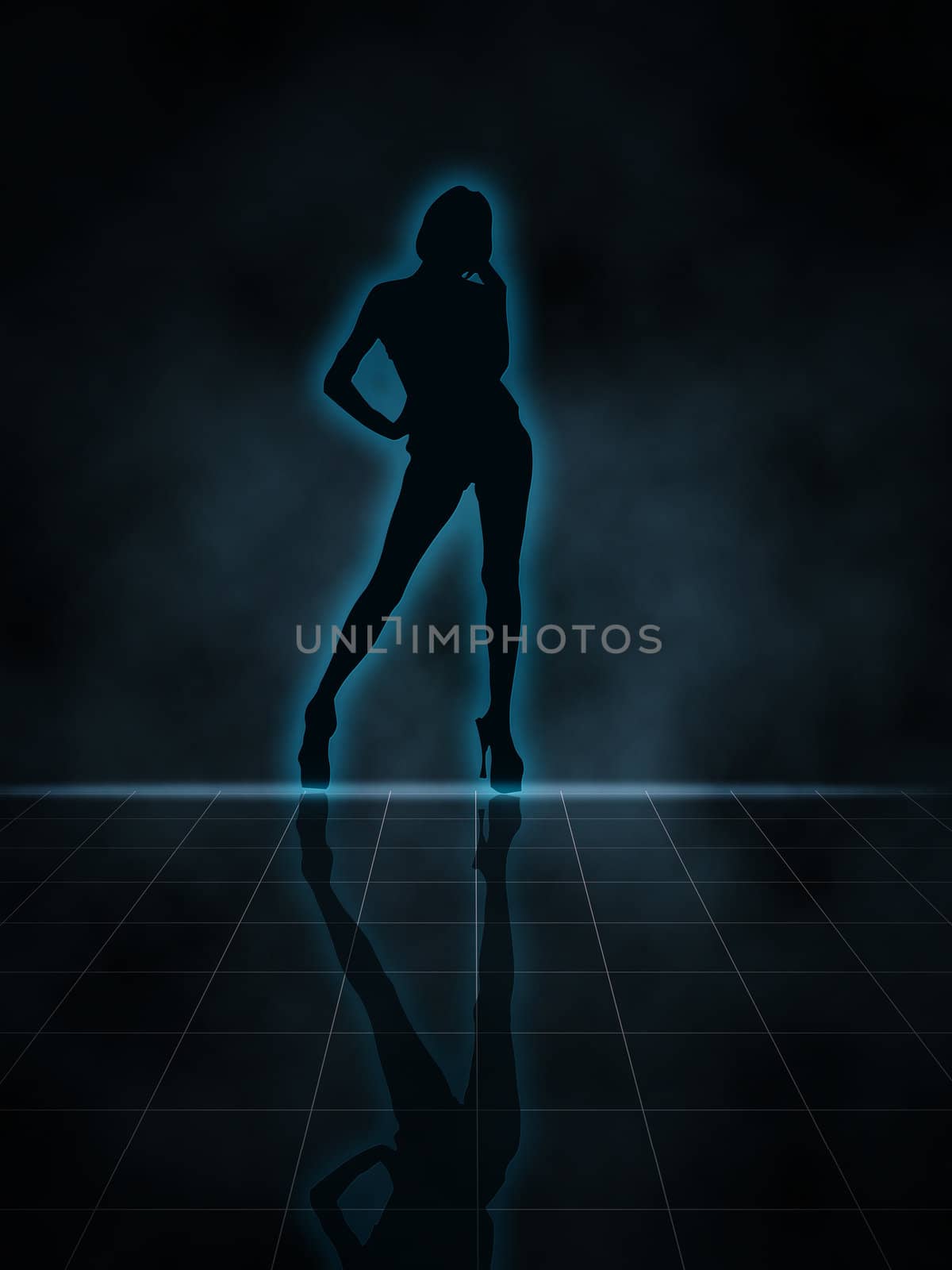 Illustration of a woman glowing silhouette on black background