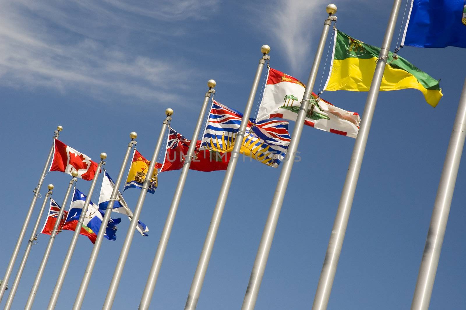 View of a douzen flags representing every province of Canada