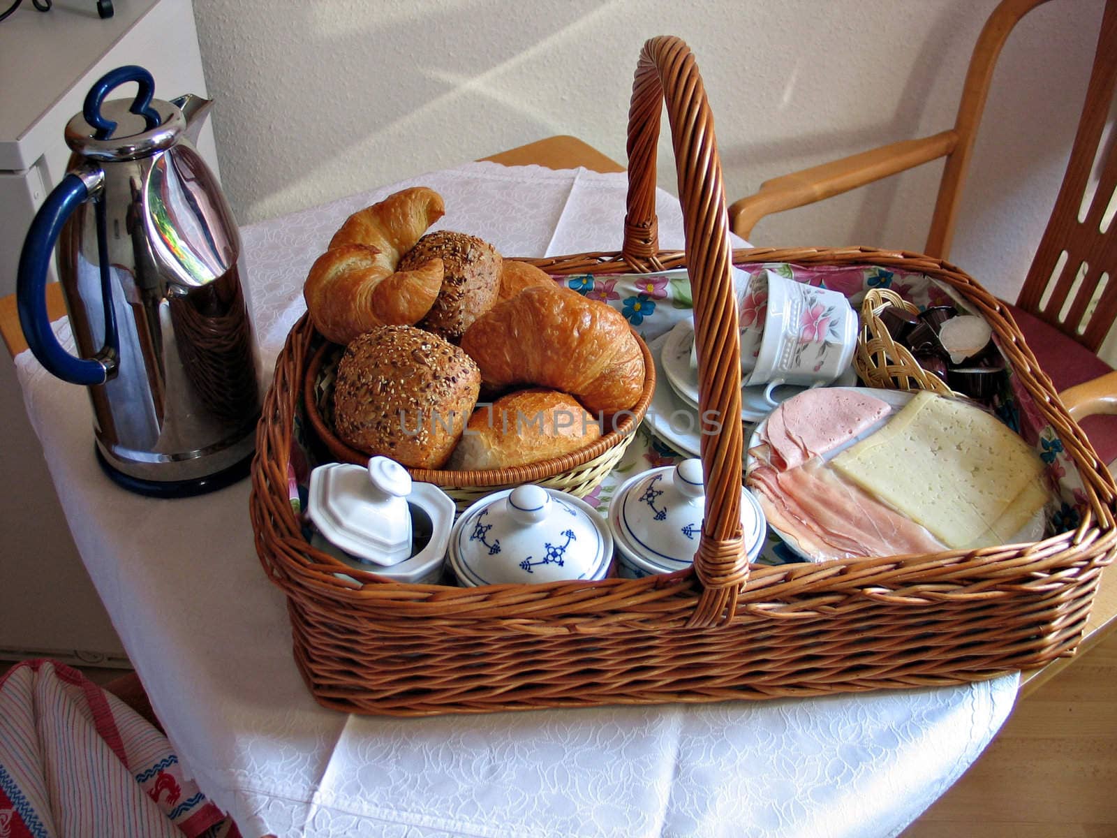 Traditional breakfast for two served in a basket in Germany