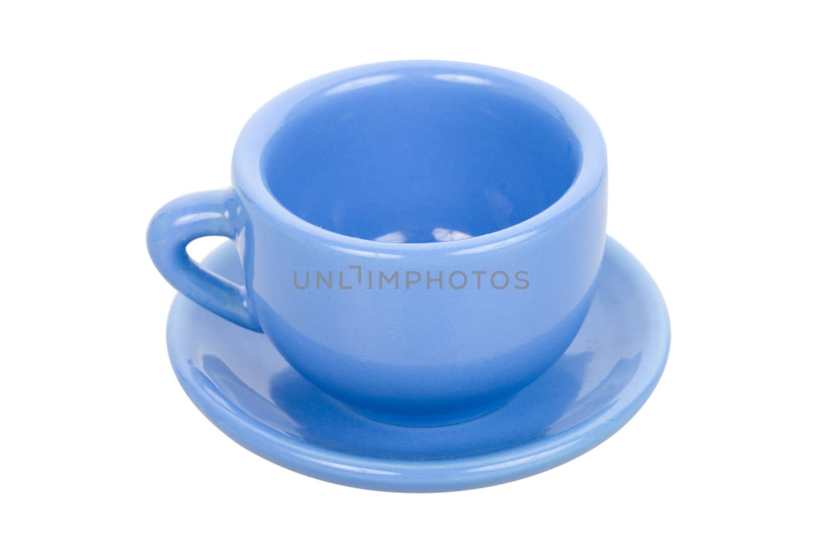 close-up blue cup with saucer, isolated on white