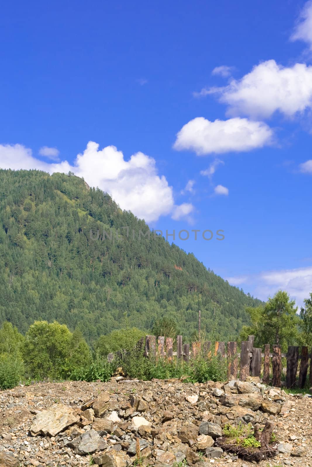 Mountain panorama: sky, rock, forest and village 
