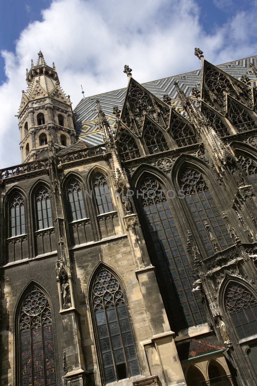 Towering spires from St. Stephens cathedral in Vienna, Austria.
