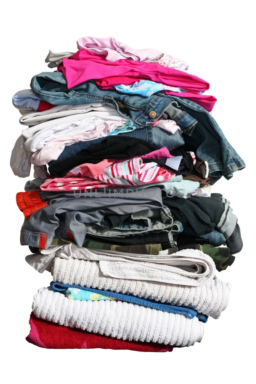 High stack of laundry isolated on white with clipping path