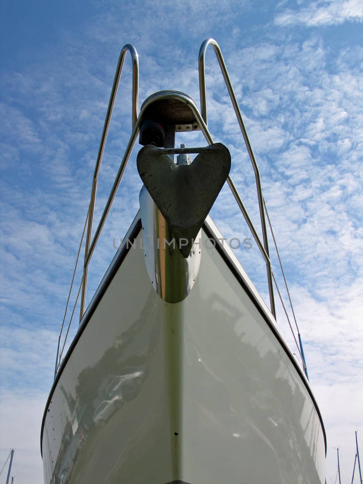 Close details of a Prow of a sailboat in frontal view 