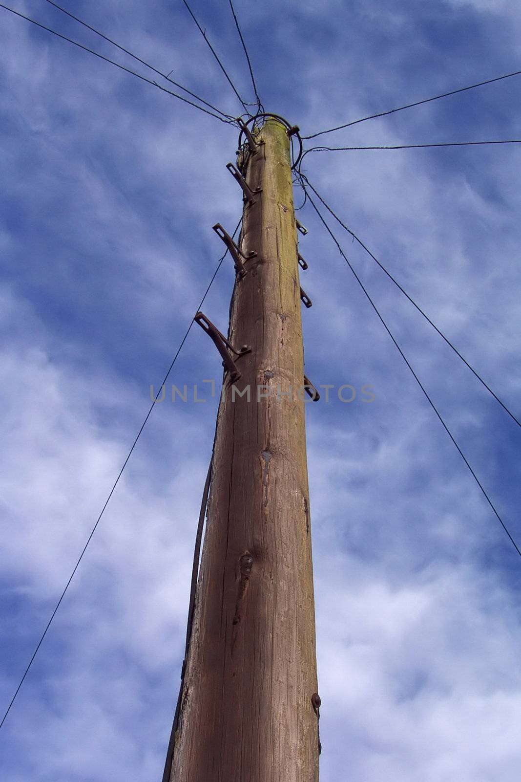abstract angle of a telegraph pole against the sky