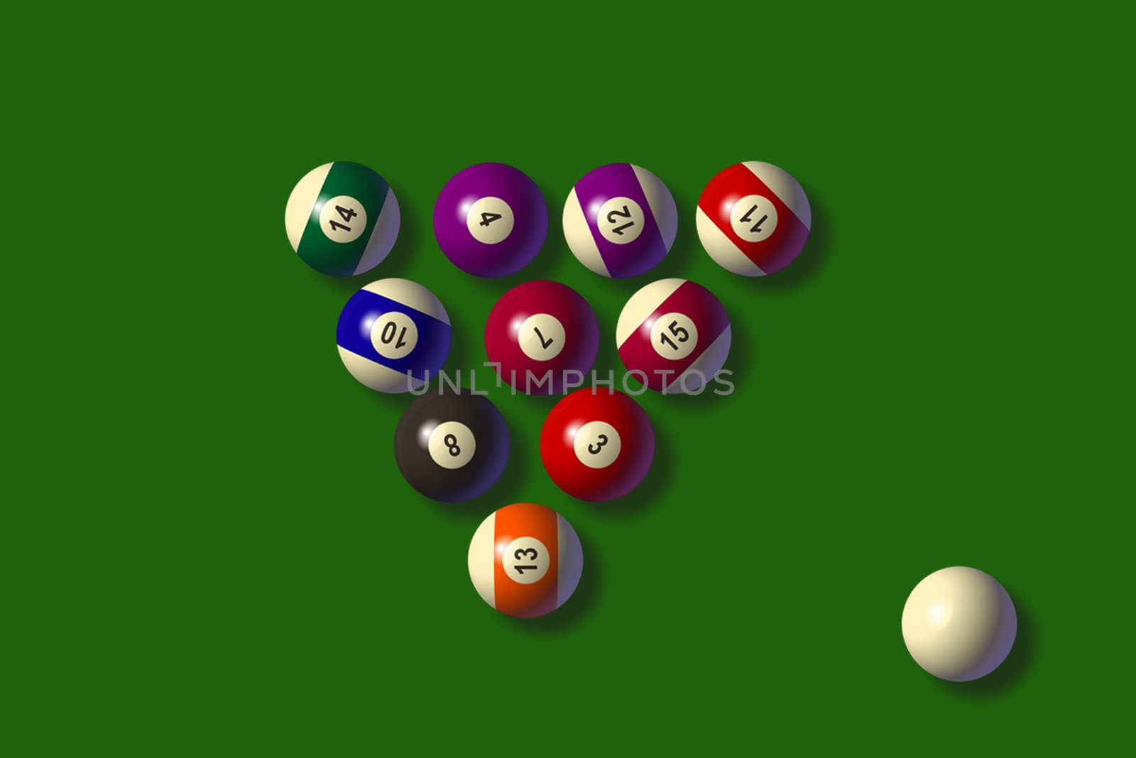 triangle of ten pool balls on a green background
