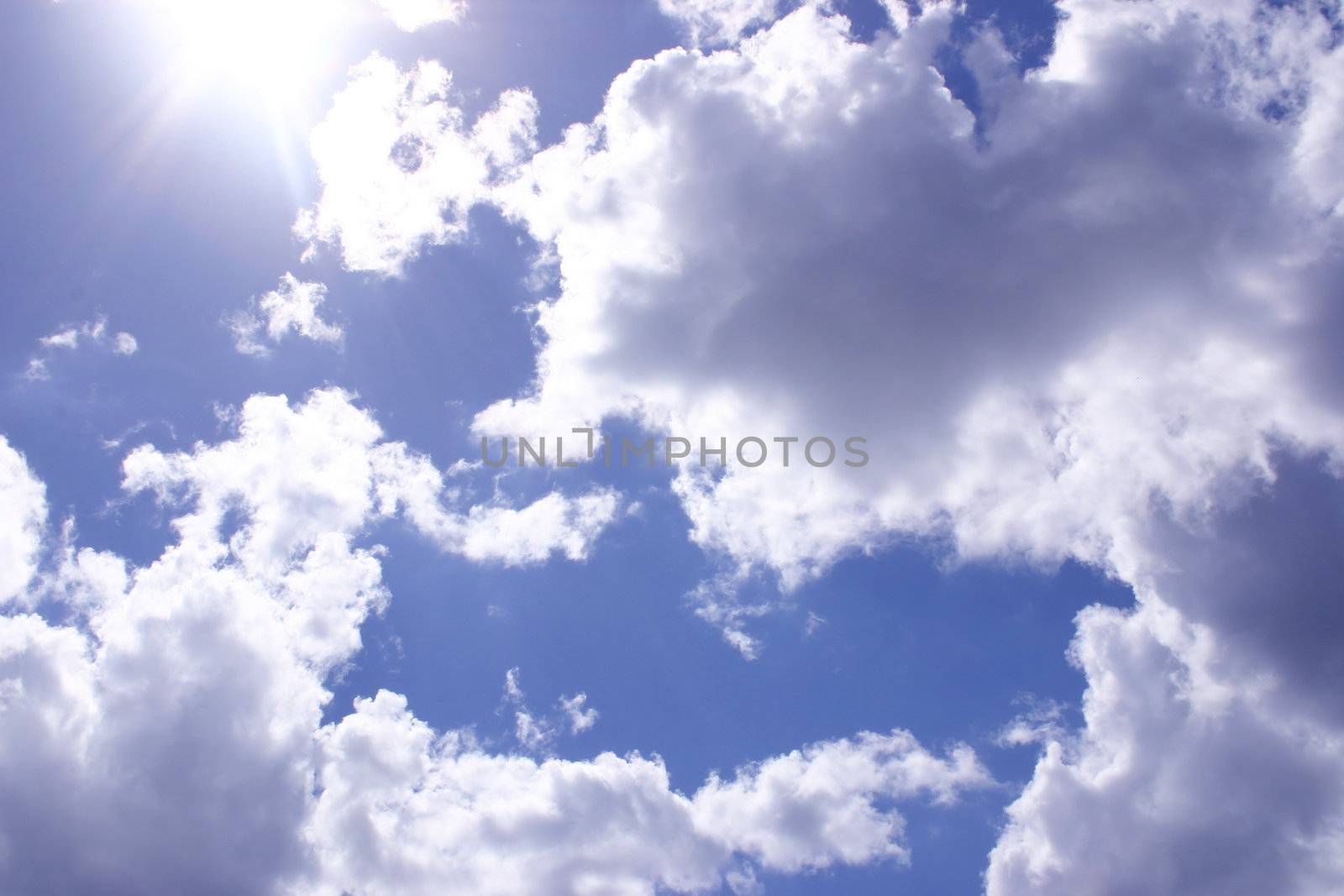 blue sky and clouds with sunshine shining through