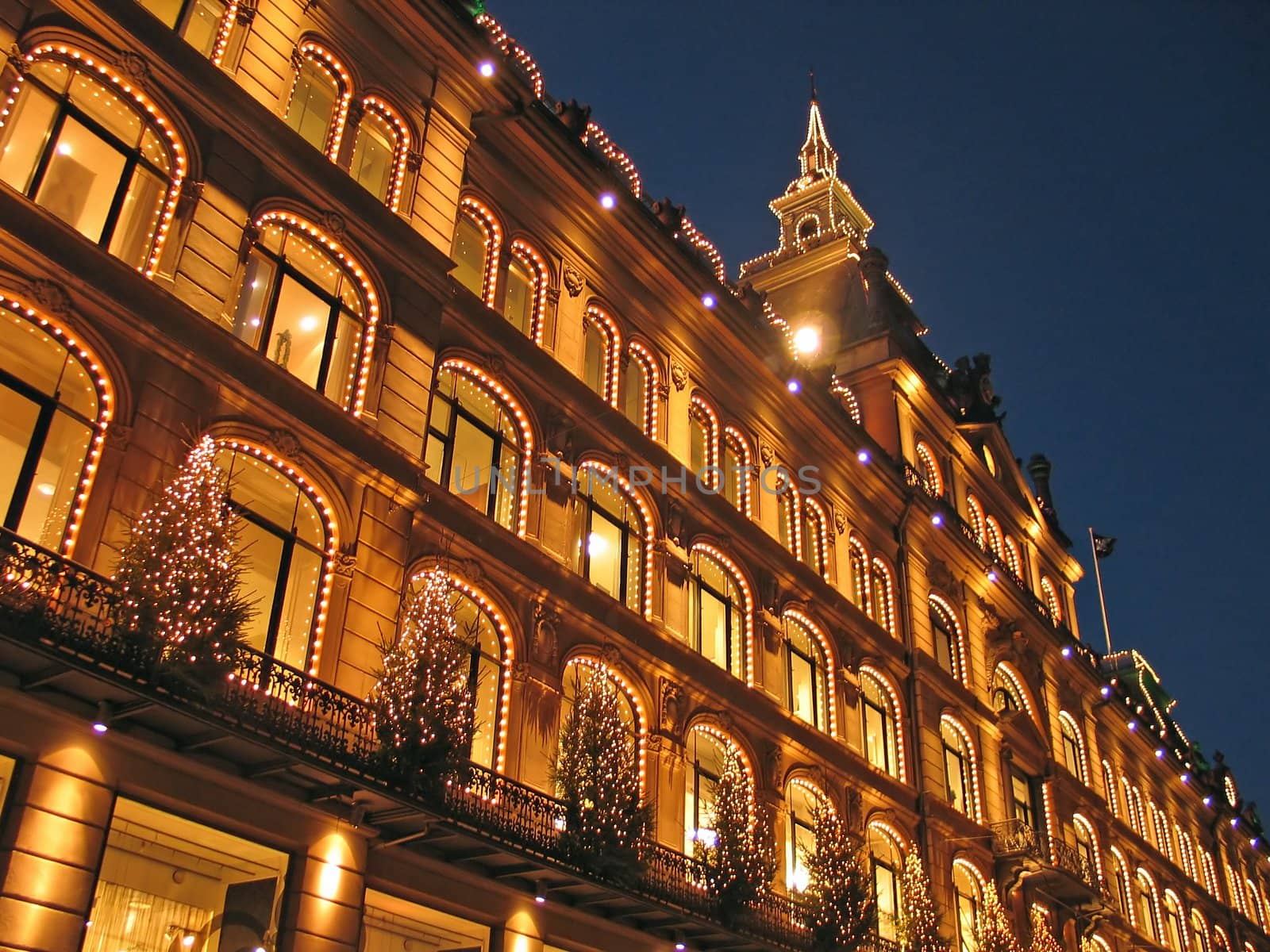 Festive New Year's lights on a building in Copenhagen Denmark