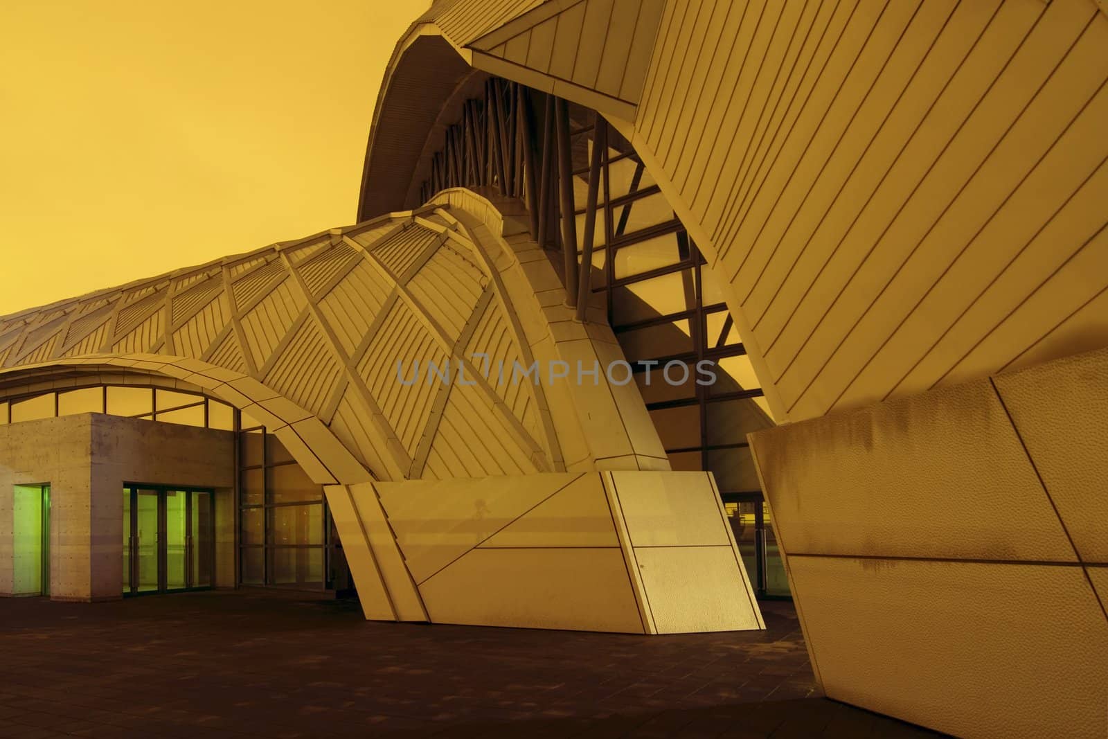 abstract modern architectural structure, sports arena entrance in Tokyo Japan