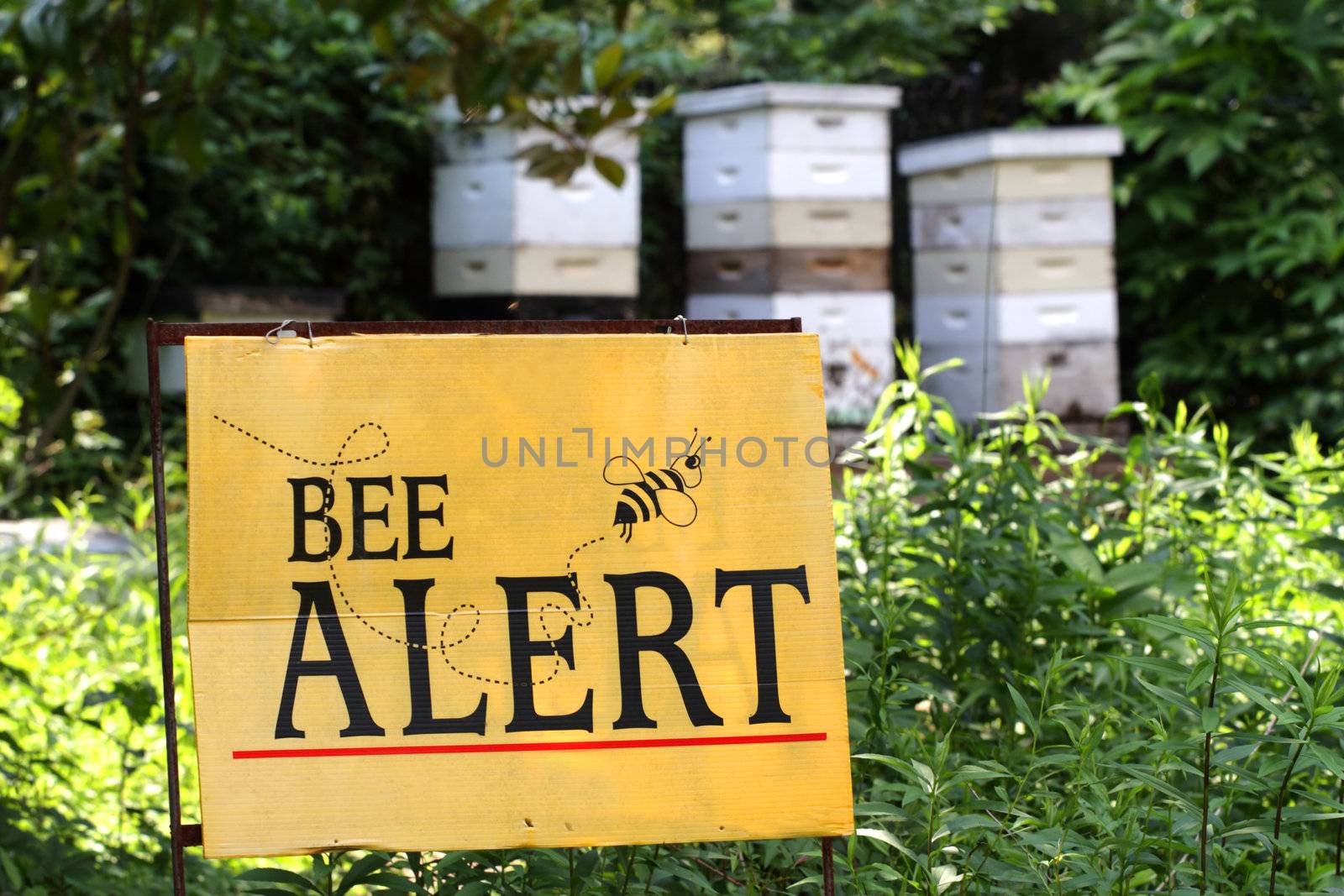 A bee awareness sign in front of bee hives.