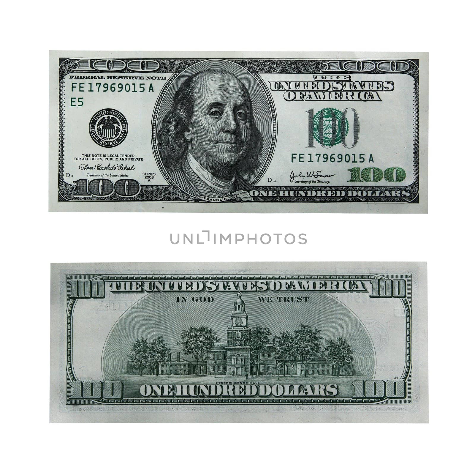 Both sides of the hundred dollar bill isolated on white with clipping path - large file