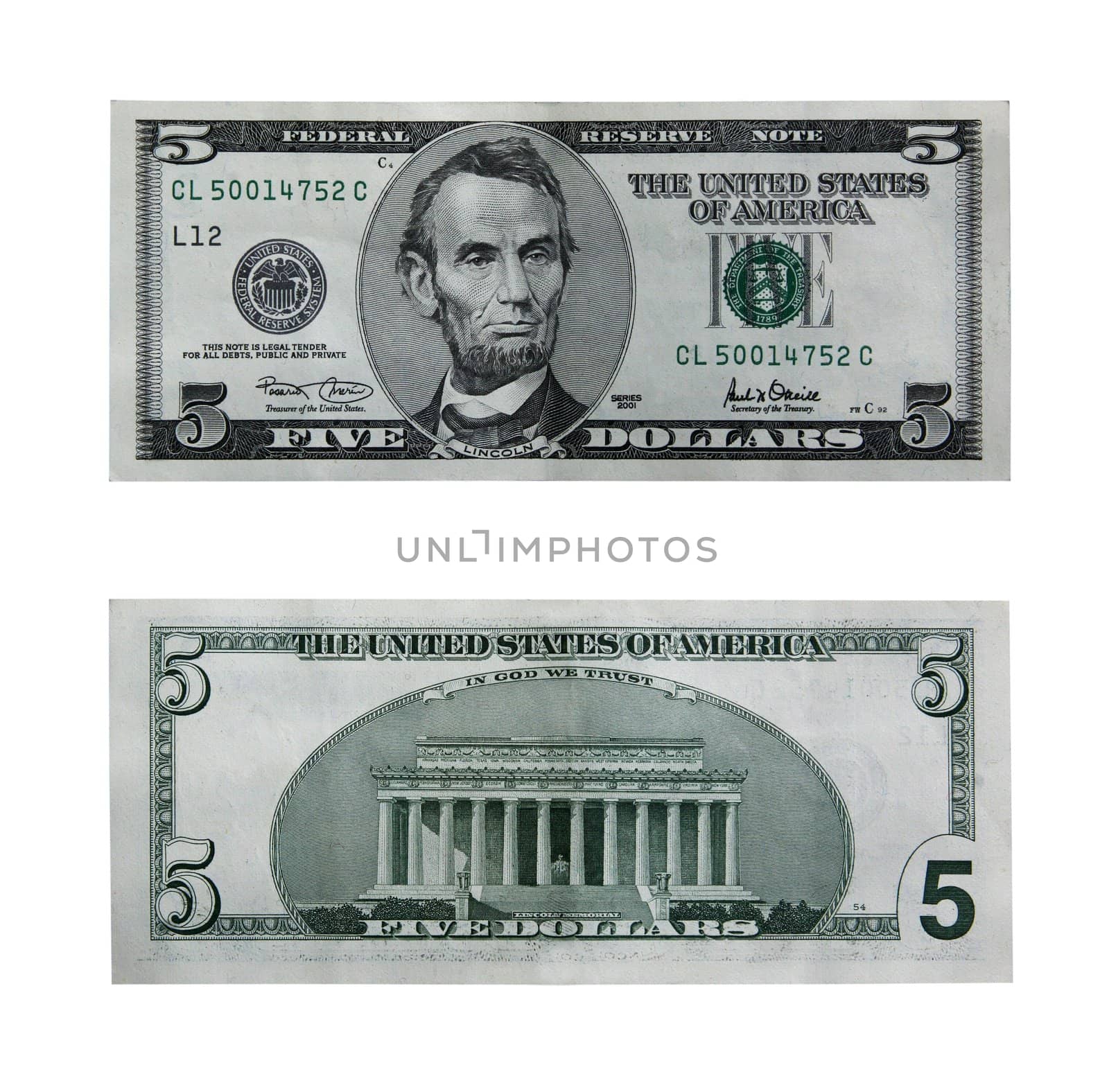 Both sides of the five dollar bill isolated on white with clipping path