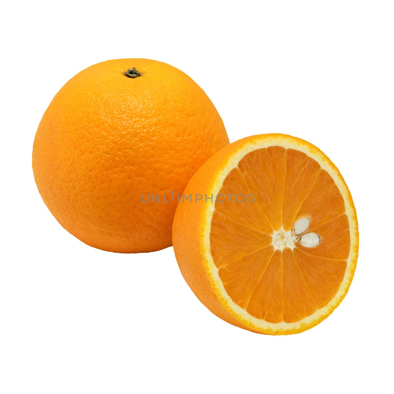 Oranges, the whole and cut, on a white background