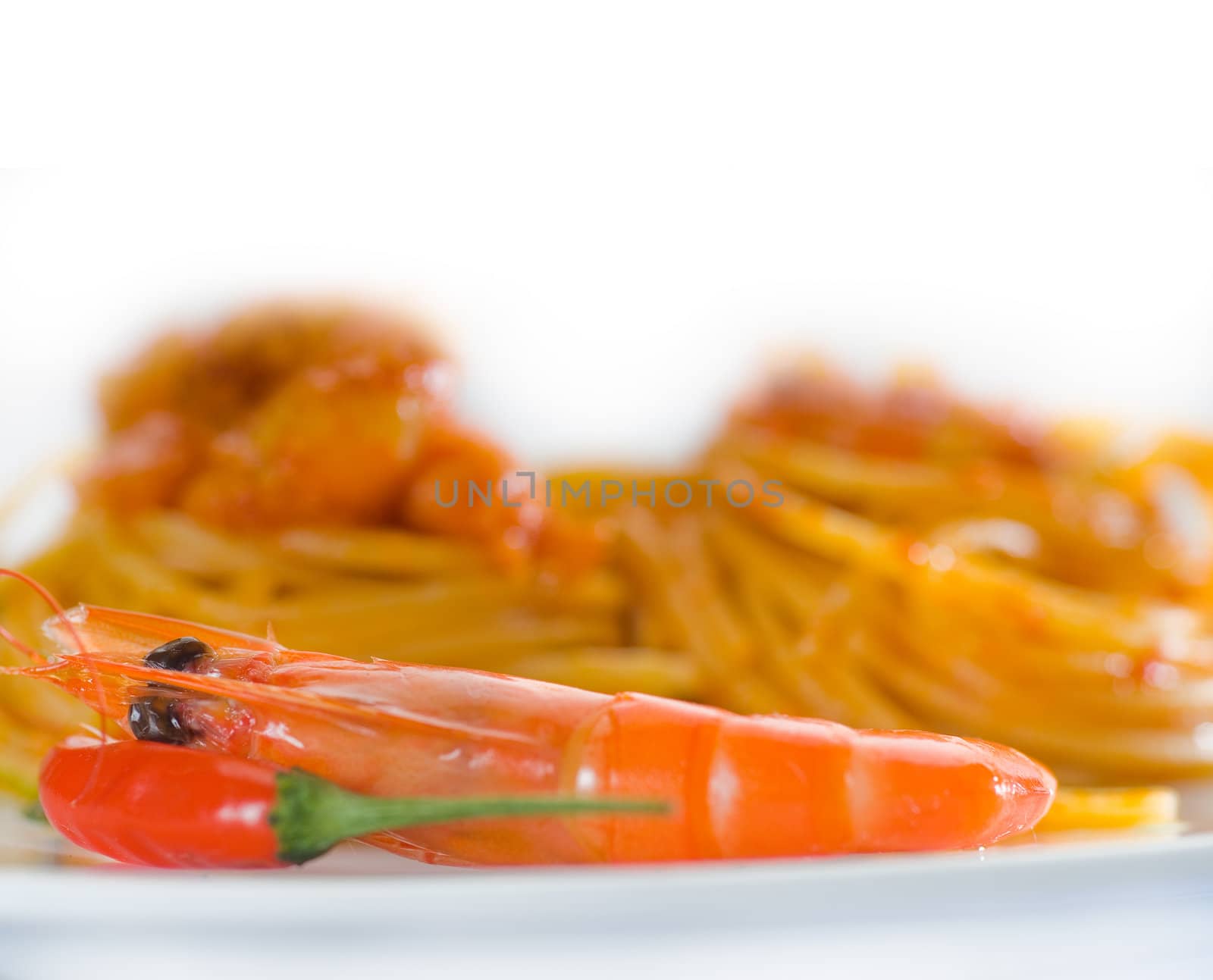 italian spaghetti pasta and fresh spicy shrimps sauce over white
