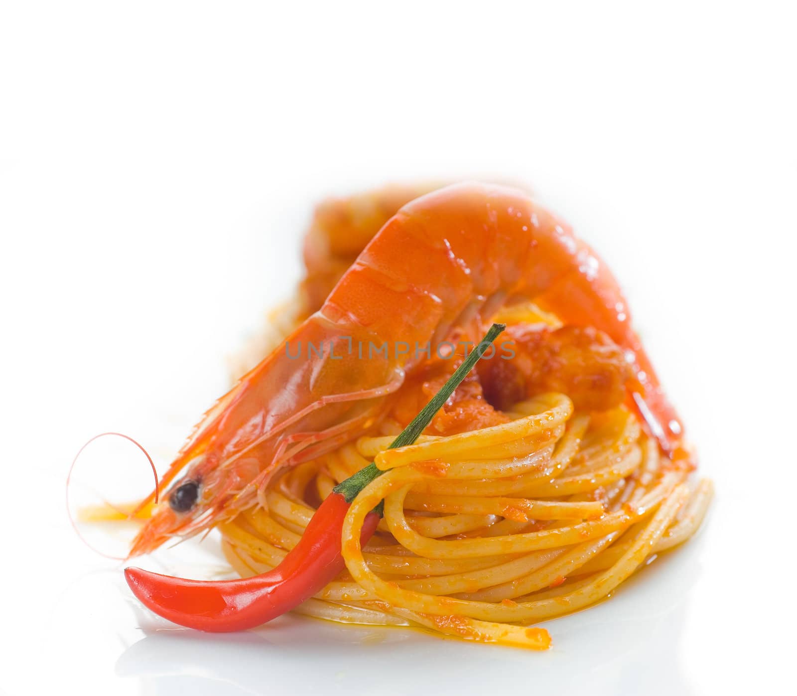 italian spaghetti pasta and fresh spicy shrimps sauce over white