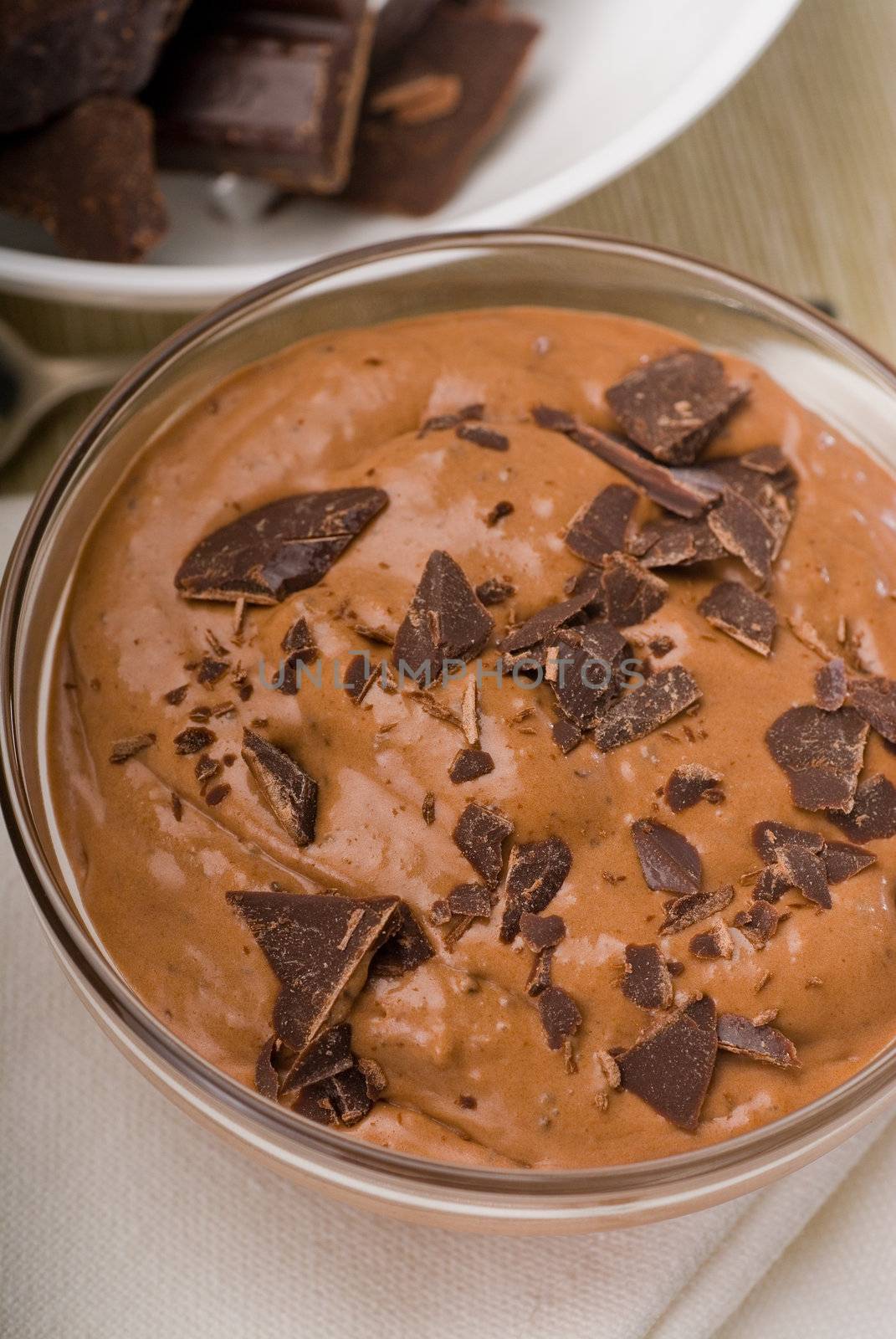 fresh homemade chocolate mousse made with bitter chocolate ,closeup