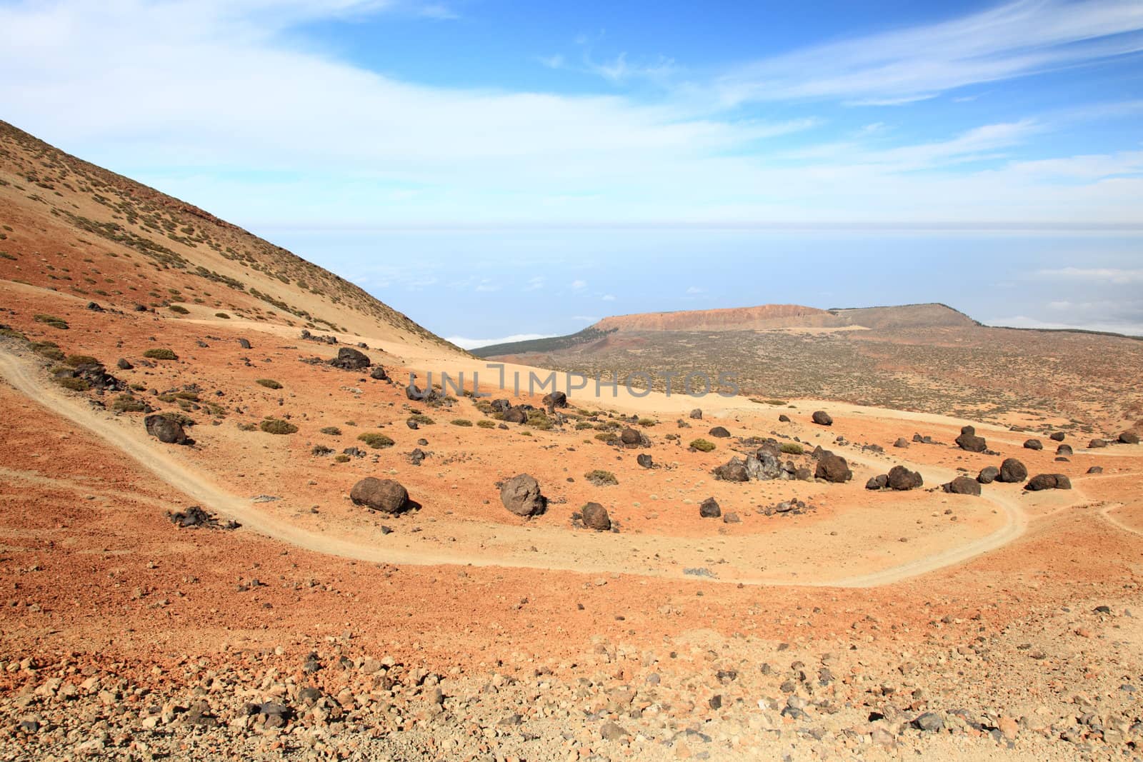 Tenerife Teide landscape. A view of the hiking path at Monta�a Blanca within the national park showing a lot of the black Teide eggs or in spanish: Los Huevos del Teide.