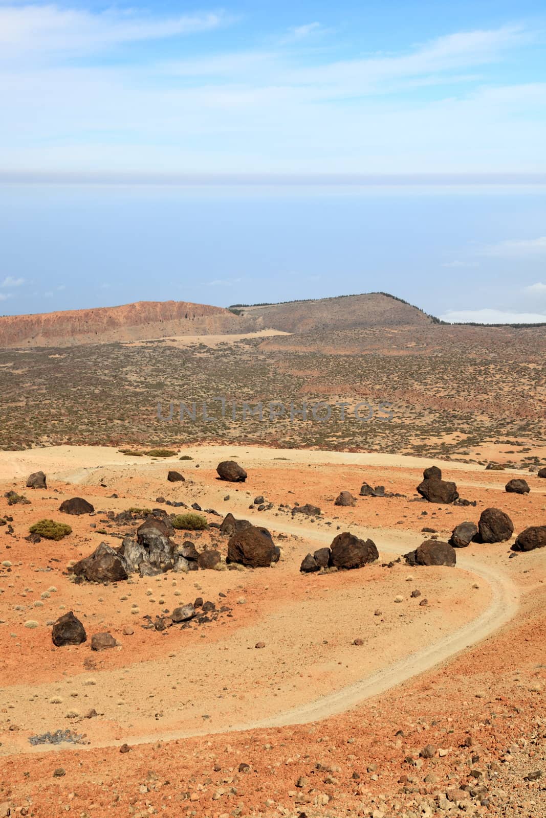 Teide landscape on Tenerife. A view of the hiking path at Monta�a Blanca within the national park showing a lot of the black Teide eggs or in Spanish: Los Huevos del Teide.