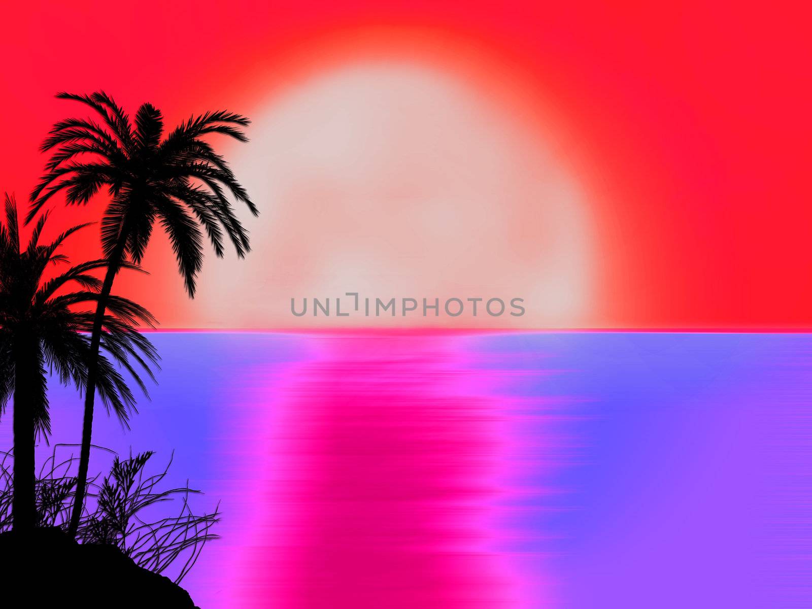 miami 70s style red dusk sunset sunrise with tree silhouette ill by bobbigmac