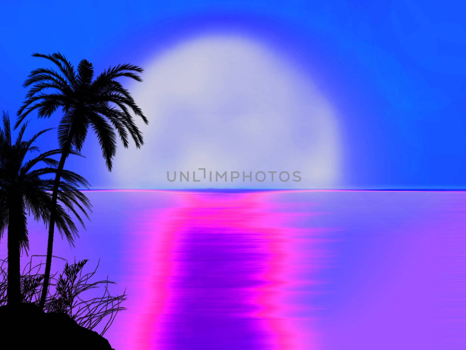 blue 70s style miami sunset sunrise with tree silhouette illustr by bobbigmac