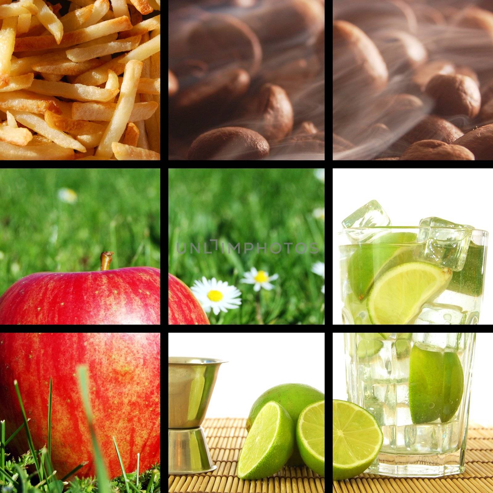 food and drink collage or collection showing healthy lifestyle