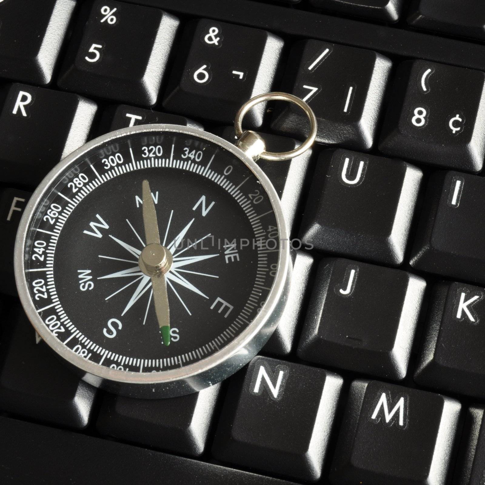 internet or online concept with computer keyboard and compass