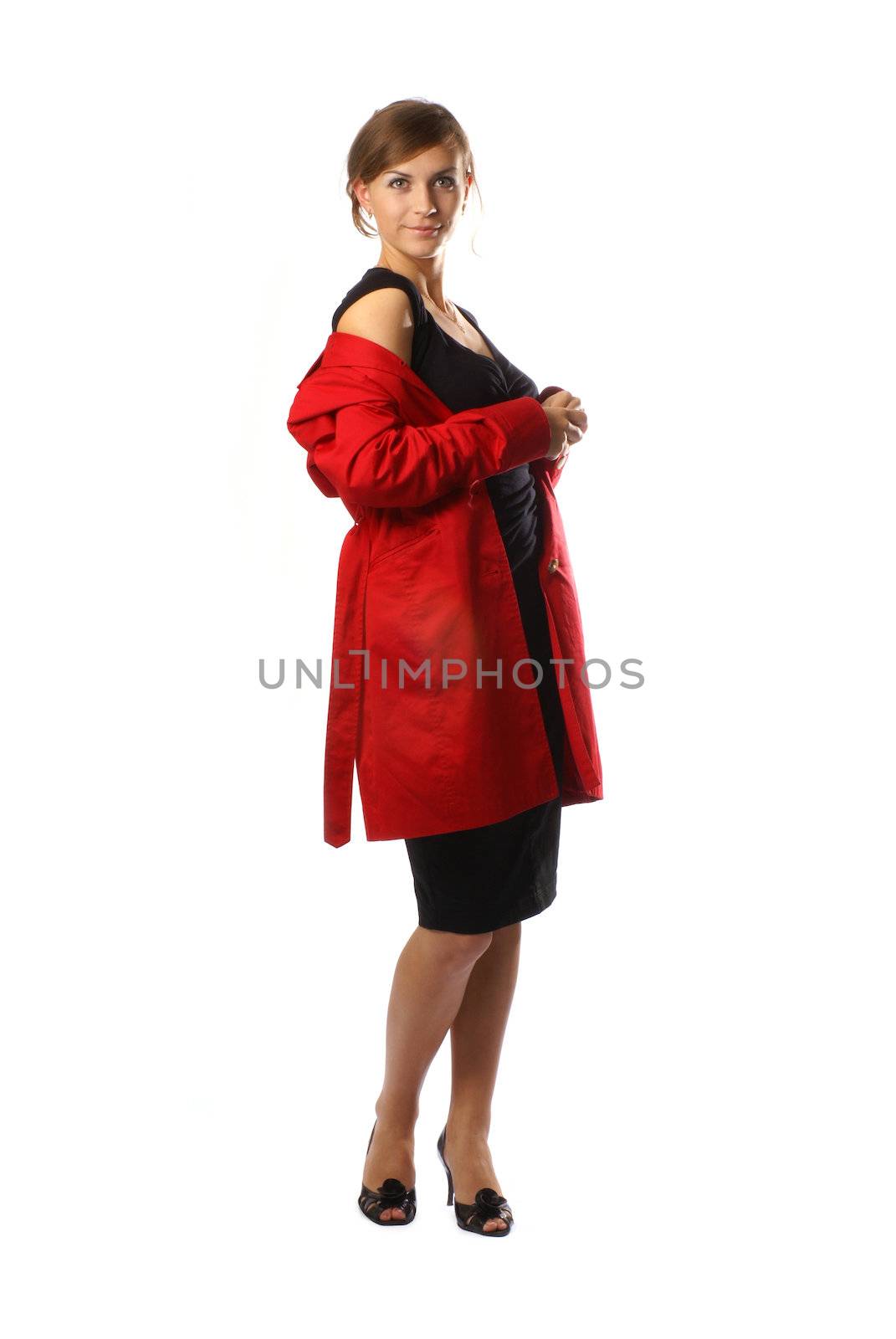Lady in red isolated on grey