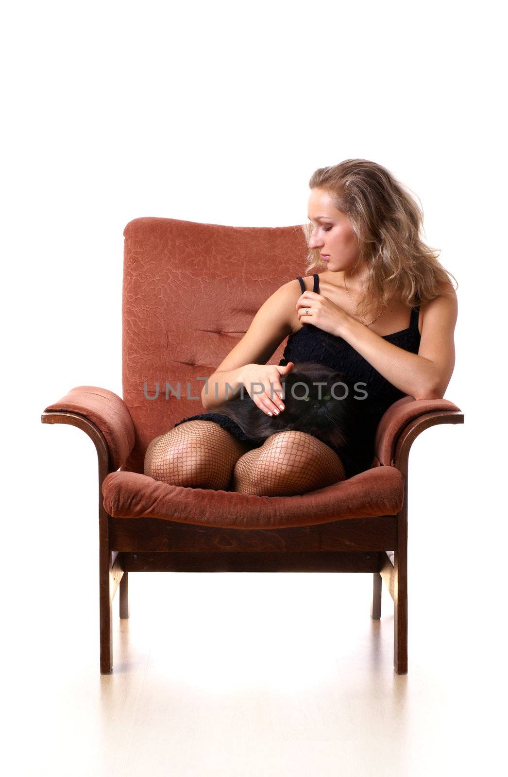 Young lady with black cat isolated on white      
