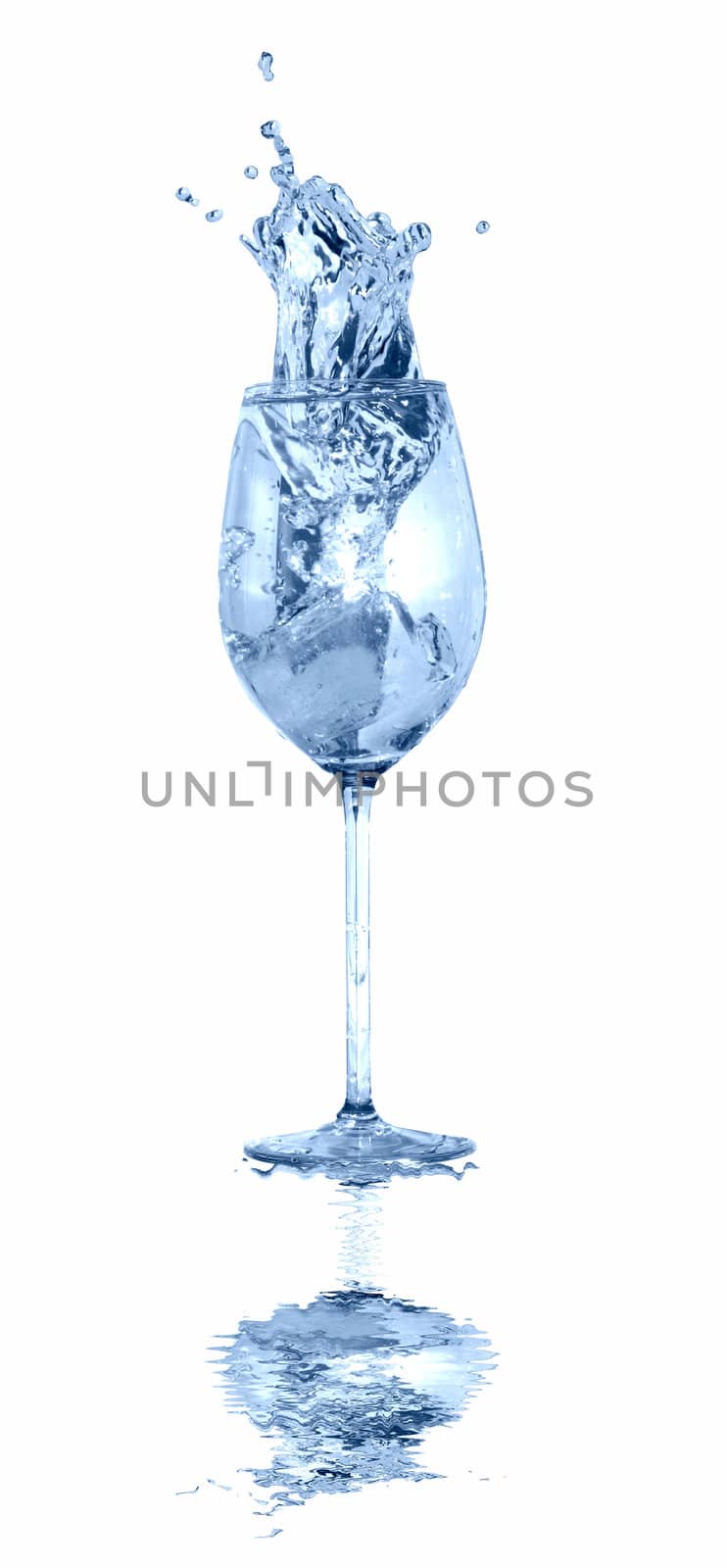 Goblet of cool splashing water with ice isolated on white background with clipping path