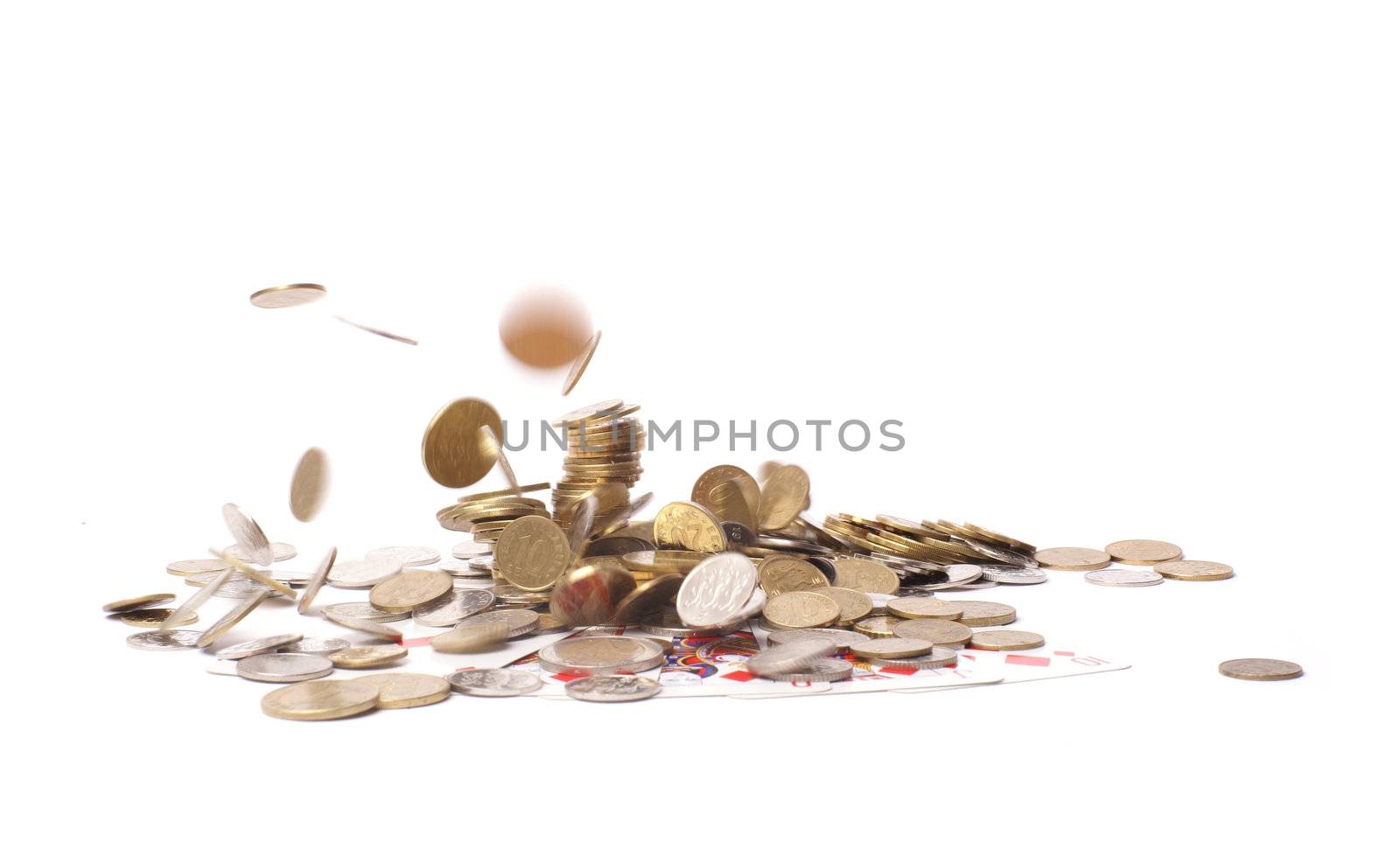 Golden coins and royal flush combination isolated on white background         