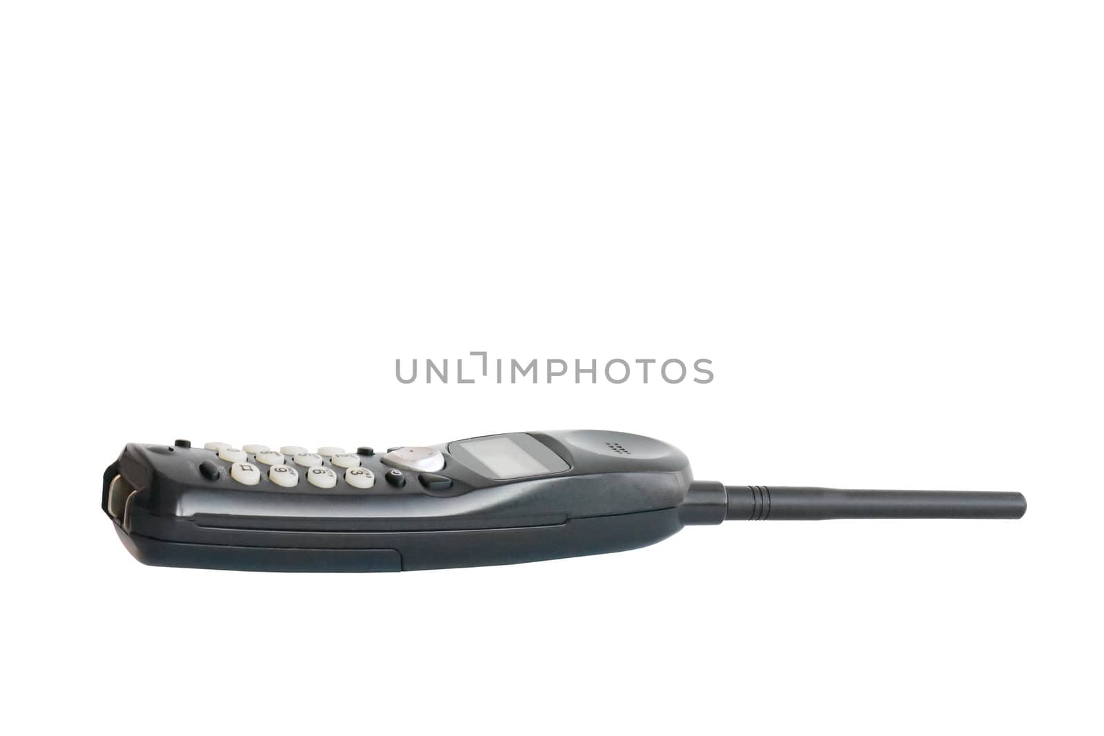 The black telephone receiver with antenna, isolated on white background.