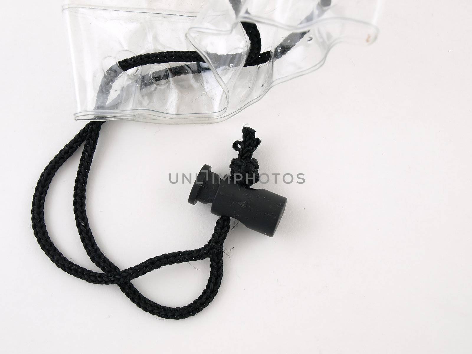 A black cord drawstring for a clear plastic bag isolated on a white background