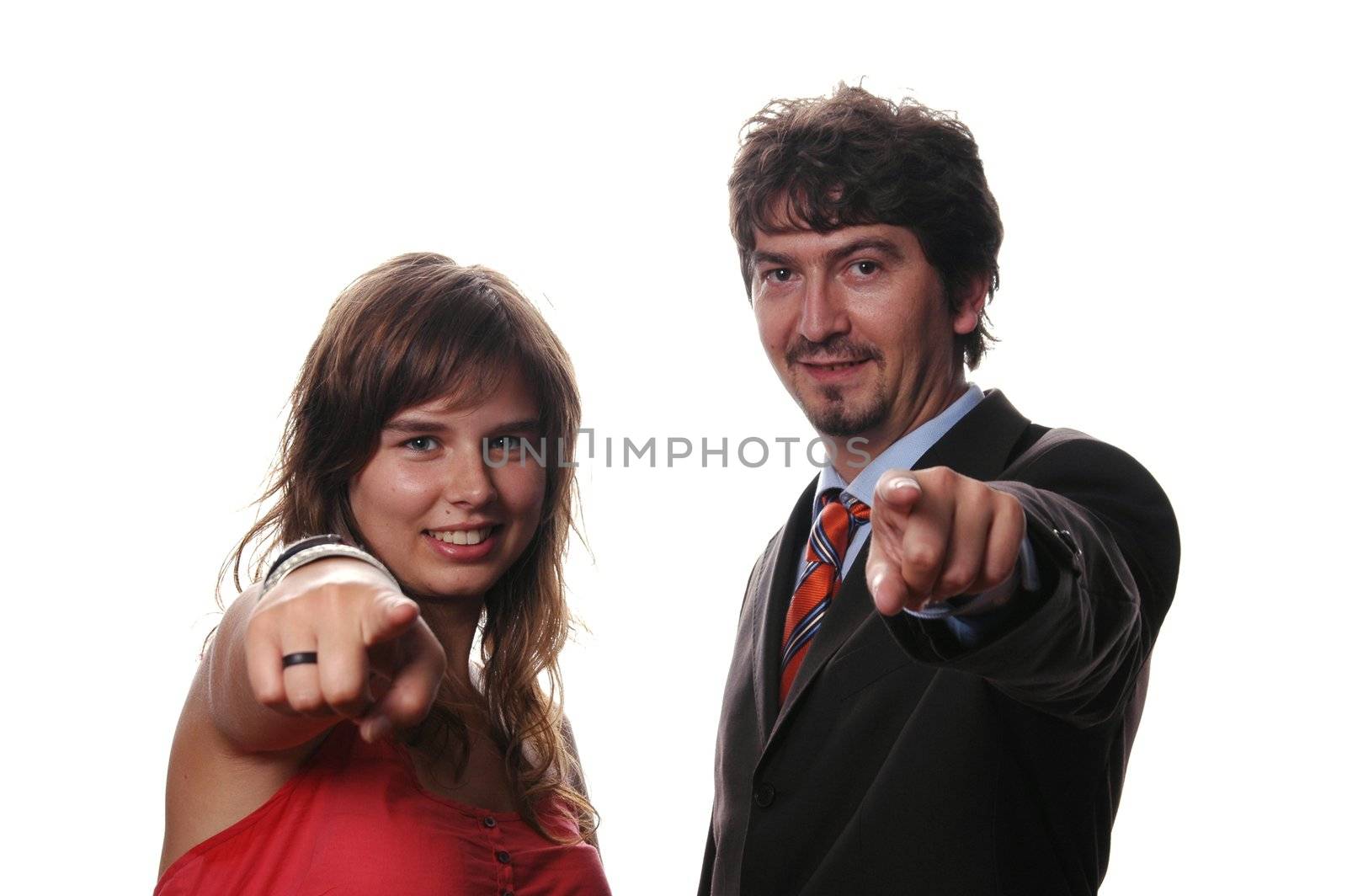 business couple pointing to front