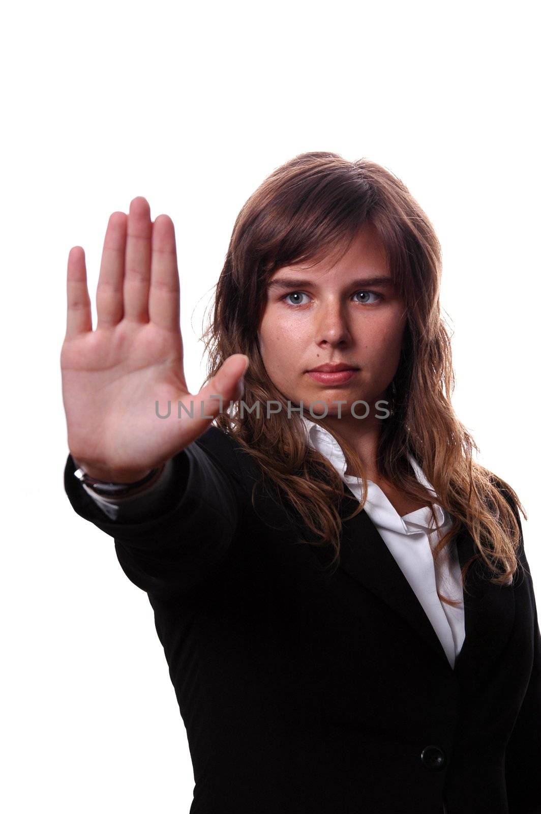 business woman with palm up isolated on white